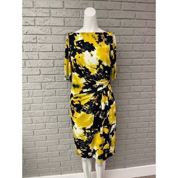 Jones New York Women Yellow Multicolored Side Draped Ruched Dress Size S - Picture 1 of 8
